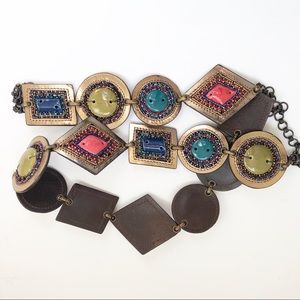 Multicolored leather and stone chain belt